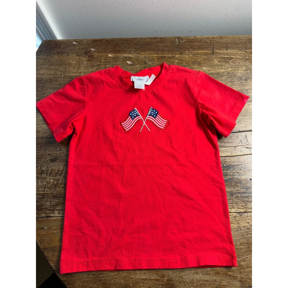Ishtex Red American Flag Embroidered T-Shirt Size 6 Kids Short Sleeve Cotton